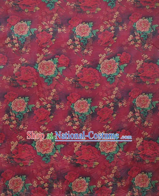 Chinese Classical Printing Peony Pattern Design Wine Red Gambiered Guangdong Gauze Fabric Asian Traditional Cheongsam Silk Material