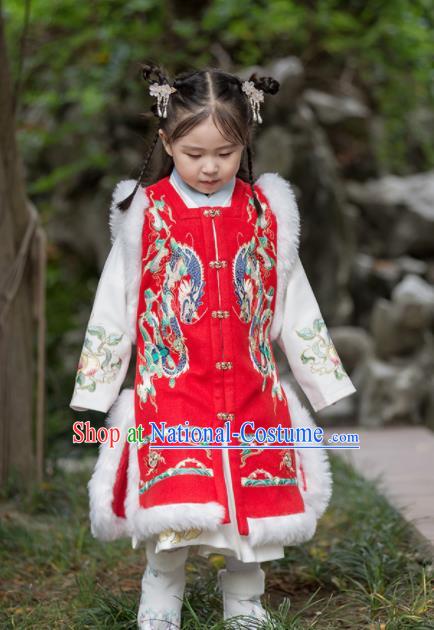 Chinese Traditional Girls Embroidered Red Vest Ancient Ming Dynasty Princess Costume for Kids