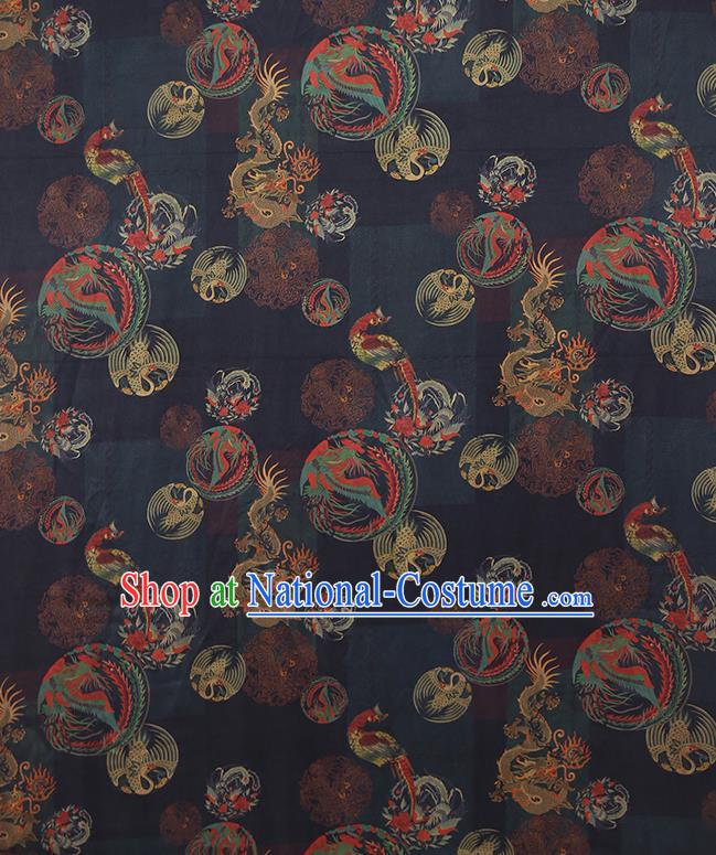 Chinese Classical Printing Dragon Phoenix Pattern Design Black Gambiered Guangdong Gauze Fabric Asian Traditional Cheongsam Silk Material