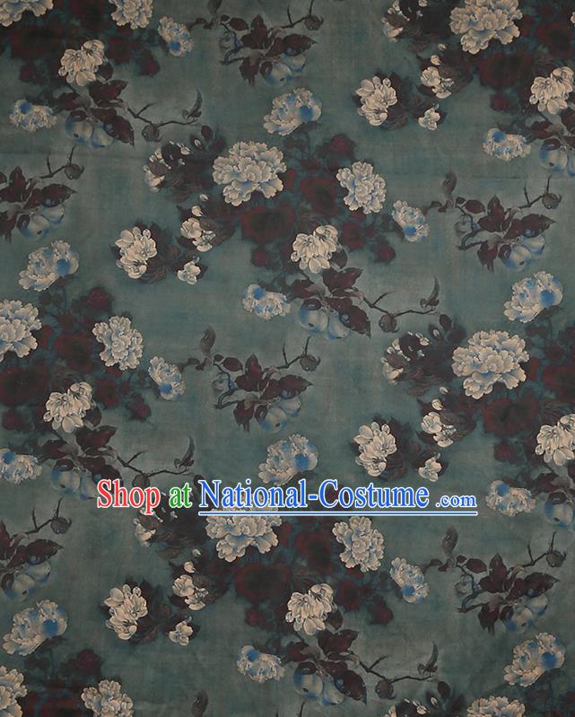 Chinese Classical Printing Peony Pattern Design Atrovirens Gambiered Guangdong Gauze Fabric Asian Traditional Cheongsam Silk Material