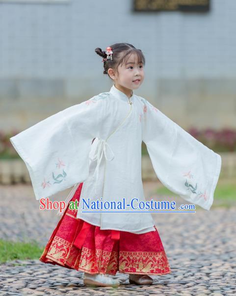 Chinese Traditional Girls Embroidered White Gown and Red Skirt Ancient Ming Dynasty Princess Costume for Kids