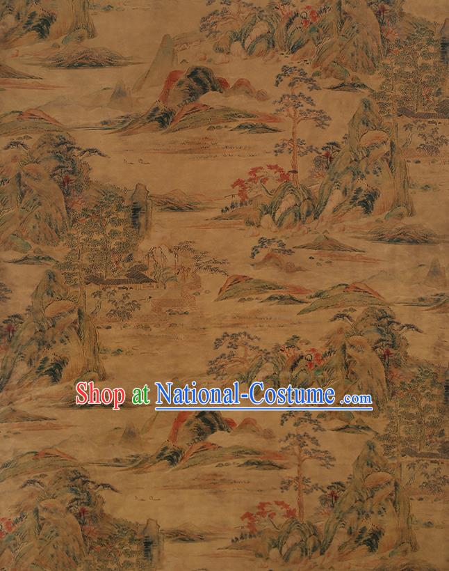 Chinese Classical Printing Landscape Pattern Design Ginger Gambiered Guangdong Gauze Fabric Asian Traditional Cheongsam Silk Material