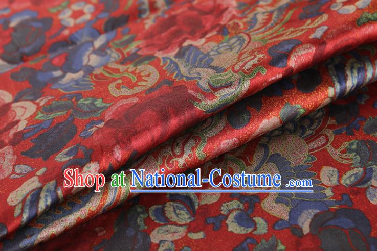 Chinese Classical Printing Phoenix Peony Pattern Design Red Gambiered Guangdong Gauze Fabric Asian Traditional Cheongsam Silk Material