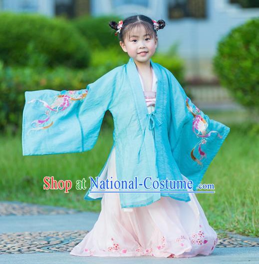 Chinese Traditional Girls Embroidered Blue Cloak and Pink Skirt Ancient Ming Dynasty Princess Costume for Kids