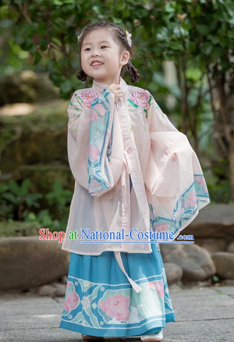 Chinese Traditional Girls Embroidered Peony Pink Cloak and Blue Skirt Ancient Ming Dynasty Princess Costume for Kids