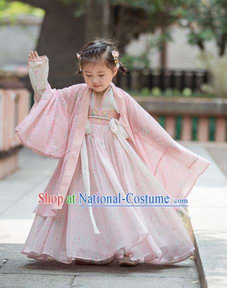 Chinese Traditional Girls Embroidered Pink Blouse and Skirt Ancient Ming Dynasty Princess Costume for Kids