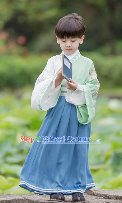 Chinese Traditional Han Dynasty Swordsman Green Costume Ancient Scholar Hanfu Clothing for Kids