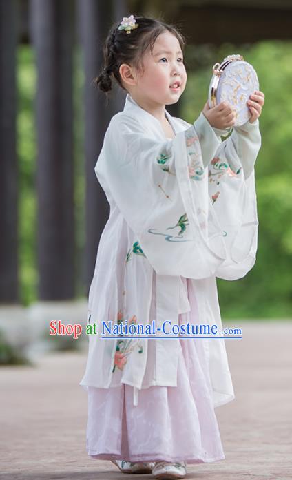 Chinese Traditional Girls Embroidered White Cape and Pink Skirt Ancient Song Dynasty Princess Costume for Kids