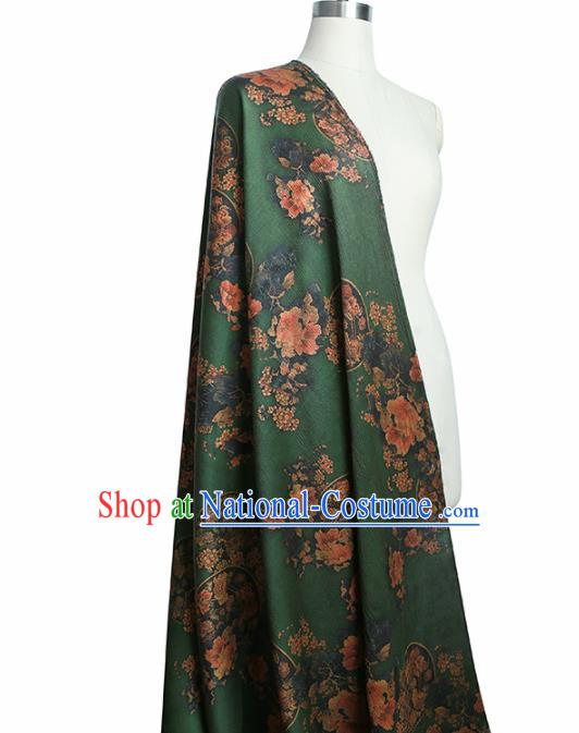 Chinese Classical Peony Plum Pattern Design Green Gambiered Guangdong Gauze Fabric Asian Traditional Cheongsam Silk Material