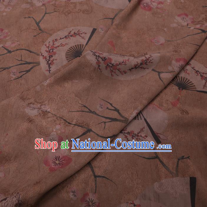 Chinese Classical Plum Fan Pattern Design Khaki Gambiered Guangdong Gauze Fabric Asian Traditional Cheongsam Silk Material