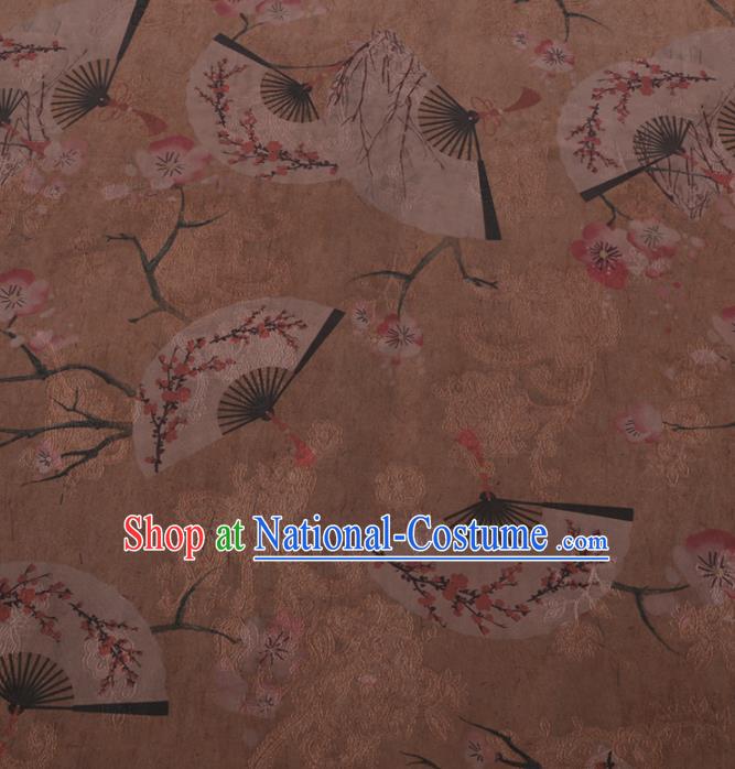 Chinese Classical Plum Fan Pattern Design Khaki Gambiered Guangdong Gauze Fabric Asian Traditional Cheongsam Silk Material