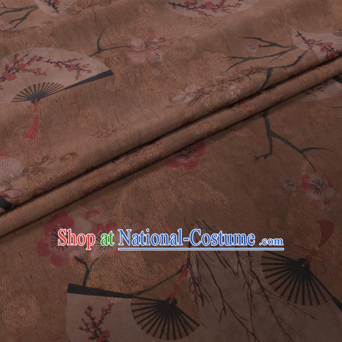 Chinese Classical Plum Fan Pattern Design Khaki Gambiered Guangdong Gauze Fabric Asian Traditional Cheongsam Silk Material