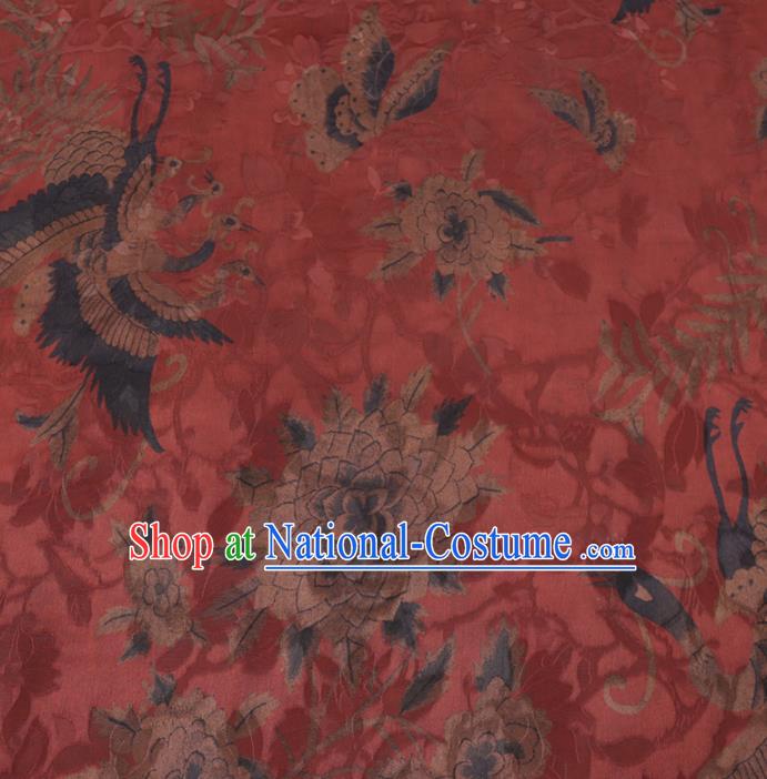 Chinese Classical Crane Peony Pattern Design Purplish Red Gambiered Guangdong Gauze Fabric Asian Traditional Cheongsam Silk Material