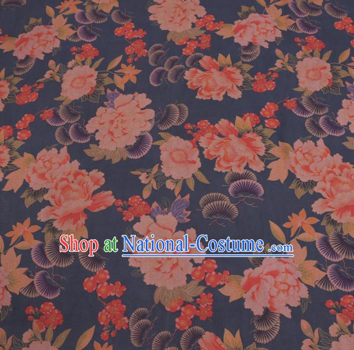 Chinese Classical Pine Peony Pattern Design Blue Gambiered Guangdong Gauze Fabric Asian Traditional Cheongsam Silk Material