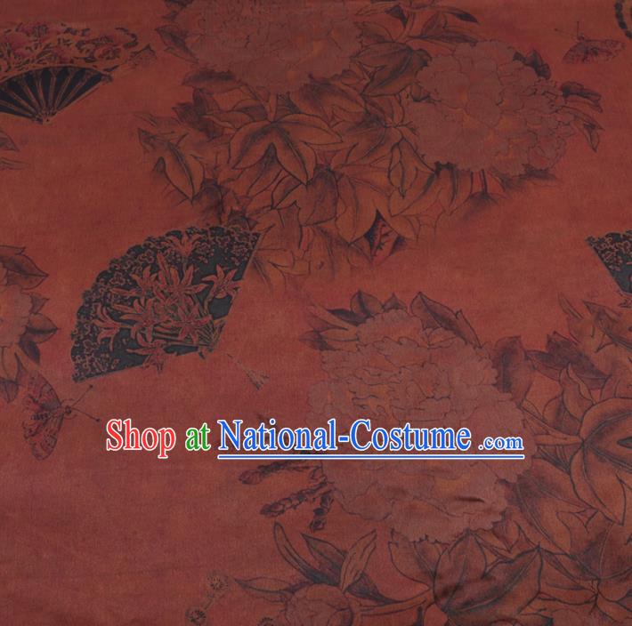 Chinese Classical Peony Fan Pattern Design Rust Red Gambiered Guangdong Gauze Fabric Asian Traditional Cheongsam Silk Material