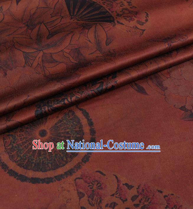 Chinese Classical Peony Fan Pattern Design Rust Red Gambiered Guangdong Gauze Fabric Asian Traditional Cheongsam Silk Material