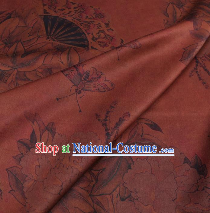 Chinese Classical Peony Fan Pattern Design Rust Red Gambiered Guangdong Gauze Fabric Asian Traditional Cheongsam Silk Material