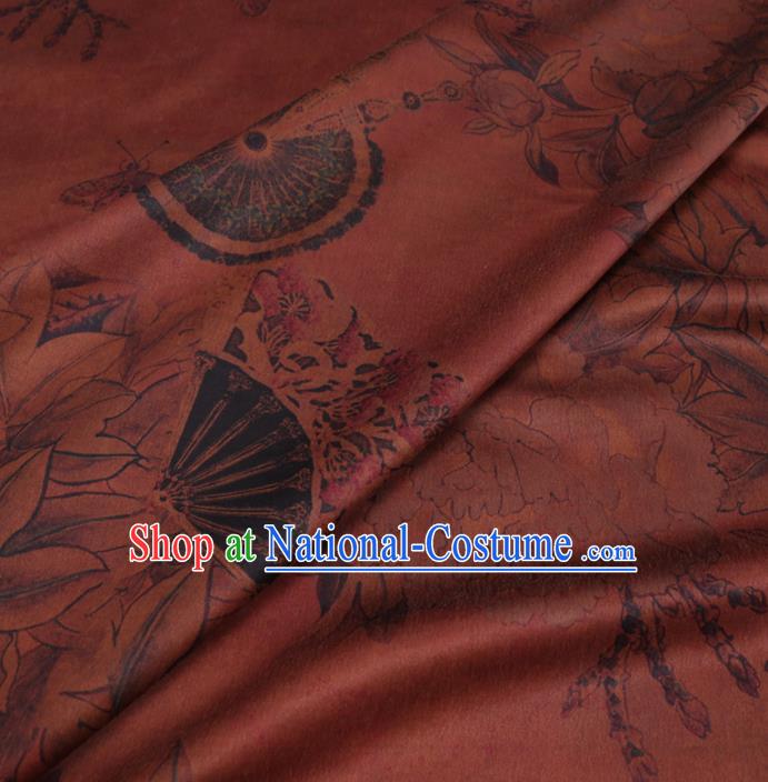 Chinese Classical Peony Fan Pattern Design Rust Red Gambiered Guangdong Gauze Fabric Asian Traditional Cheongsam Silk Material