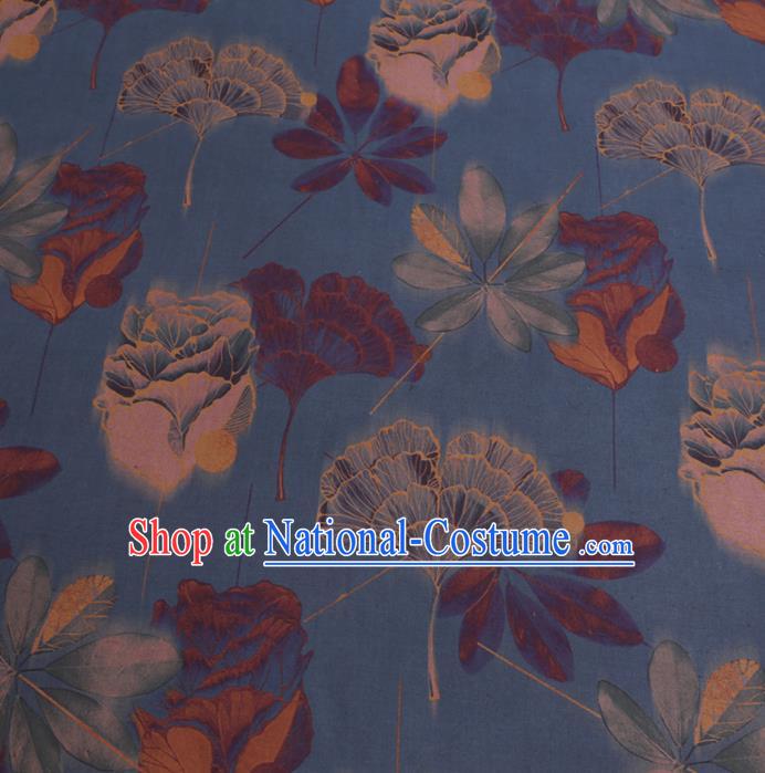 Chinese Classical Ginkgo Tulip Pattern Design Blue Gambiered Guangdong Gauze Fabric Asian Traditional Cheongsam Silk Material