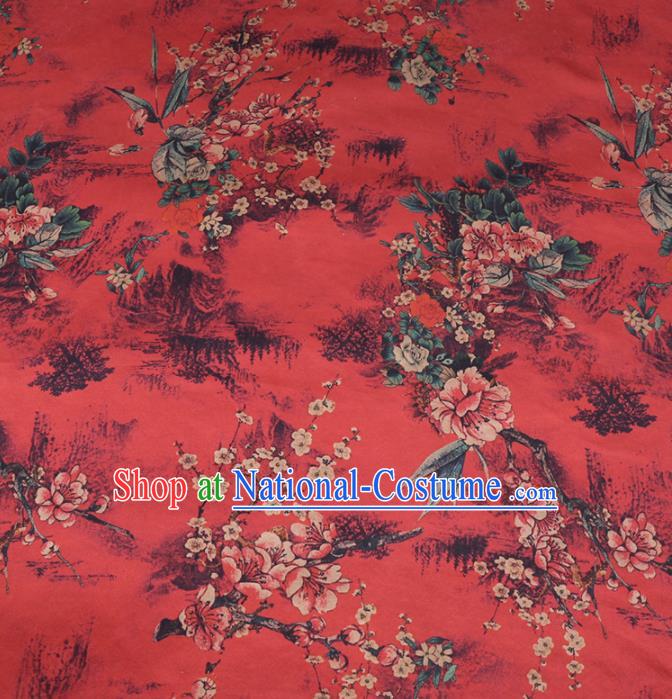 Chinese Classical Plum Blossom Pattern Design Red Gambiered Guangdong Gauze Fabric Asian Traditional Cheongsam Silk Material