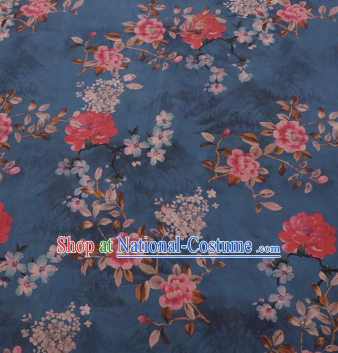 Chinese Classical Plum Peony Pattern Design Blue Gambiered Guangdong Gauze Fabric Asian Traditional Cheongsam Silk Material