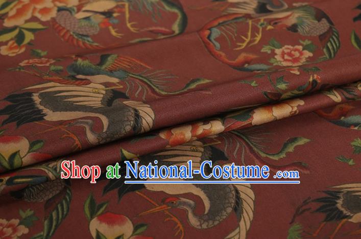 Chinese Classical Crane Peach Pattern Design Purplish Red Gambiered Guangdong Gauze Fabric Asian Traditional Cheongsam Silk Material