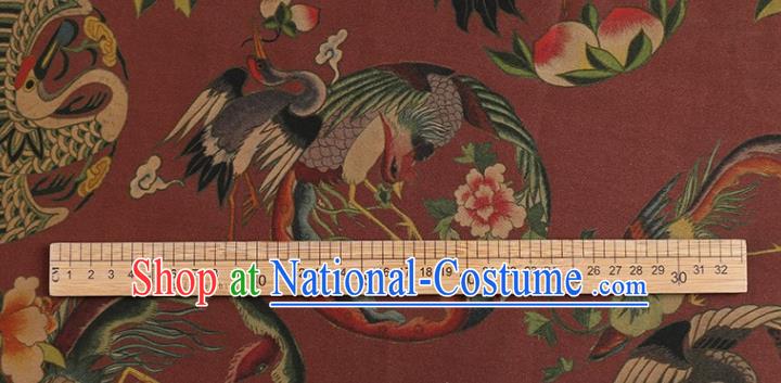 Chinese Classical Crane Peach Pattern Design Purplish Red Gambiered Guangdong Gauze Fabric Asian Traditional Cheongsam Silk Material