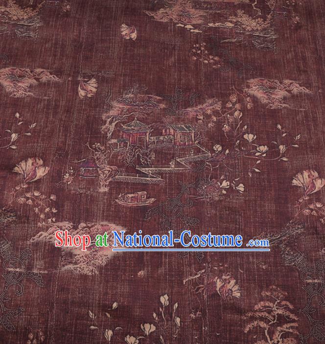 Chinese Classical Pavilions Pattern Design Purplish Red Gambiered Guangdong Gauze Fabric Asian Traditional Cheongsam Silk Material