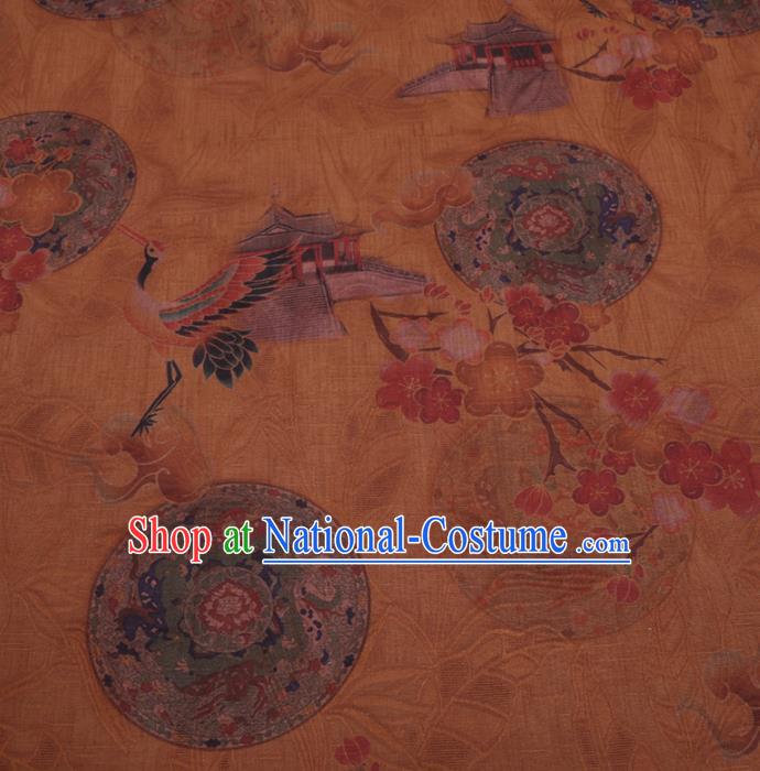 Chinese Classical Crane Plum Pattern Design Ginger Gambiered Guangdong Gauze Fabric Asian Traditional Cheongsam Silk Material