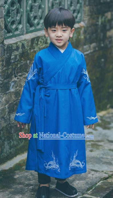 Chinese Traditional Ming Dynasty Swordsman Blue Costume Ancient Imperial Bodyguard Hanfu Clothing for Kids