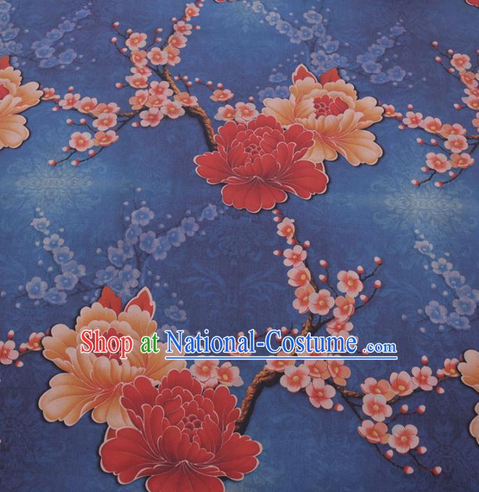 Chinese Classical Plum Peony Pattern Design Blue Gambiered Guangdong Gauze Fabric Asian Traditional Cheongsam Silk Material