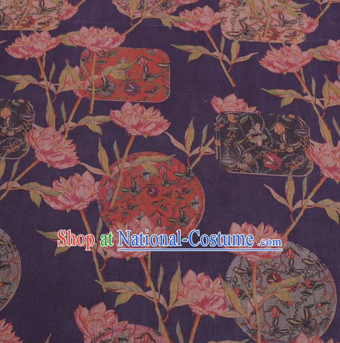 Chinese Classical Flowers Pattern Design Blue Gambiered Guangdong Gauze Fabric Asian Traditional Cheongsam Silk Material