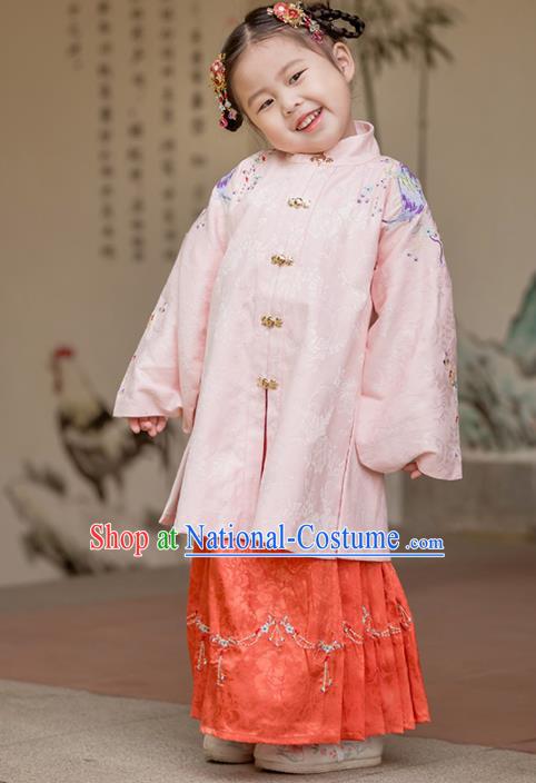 Chinese Traditional Girls Embroidered Pink Blouse and Red Skirt Ancient Ming Dynasty Princess Costume for Kids