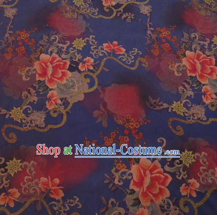 Chinese Classical Printing Peony Plum Pattern Design Deep Blue Gambiered Guangdong Gauze Fabric Asian Traditional Cheongsam Silk Material