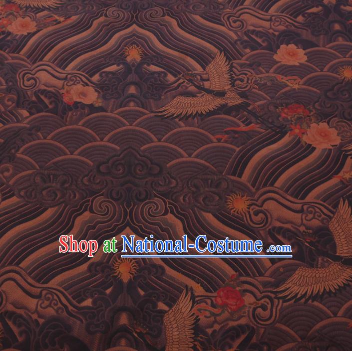 Chinese Classical Printing Wave Crane Pattern Design Brown Gambiered Guangdong Gauze Fabric Asian Traditional Cheongsam Silk Material