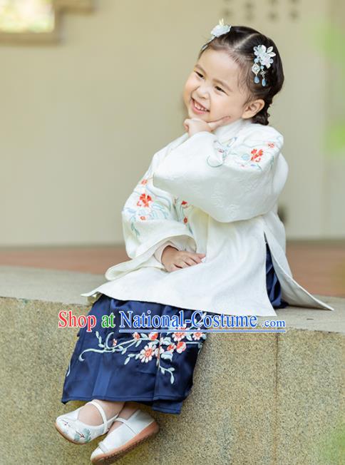 Chinese Traditional Girls Embroidered White Blouse and Navy Skirt Ancient Ming Dynasty Princess Costume for Kids