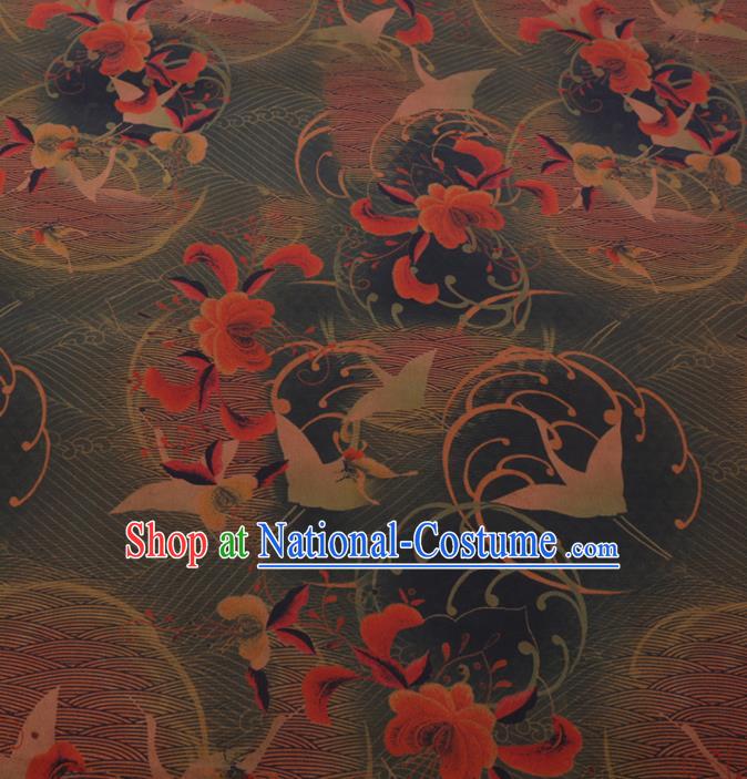 Chinese Classical Printing Crane Pattern Design Atrovirens Gambiered Guangdong Gauze Fabric Asian Traditional Cheongsam Silk Material