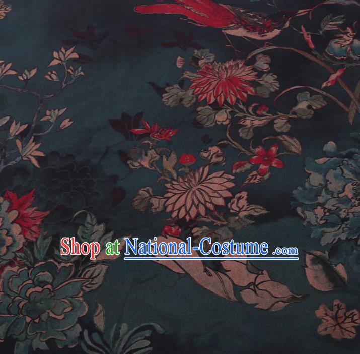 Chinese Classical Printing Chrysanthemum Peony Pattern Design Atrovirens Gambiered Guangdong Gauze Fabric Asian Traditional Cheongsam Silk Material