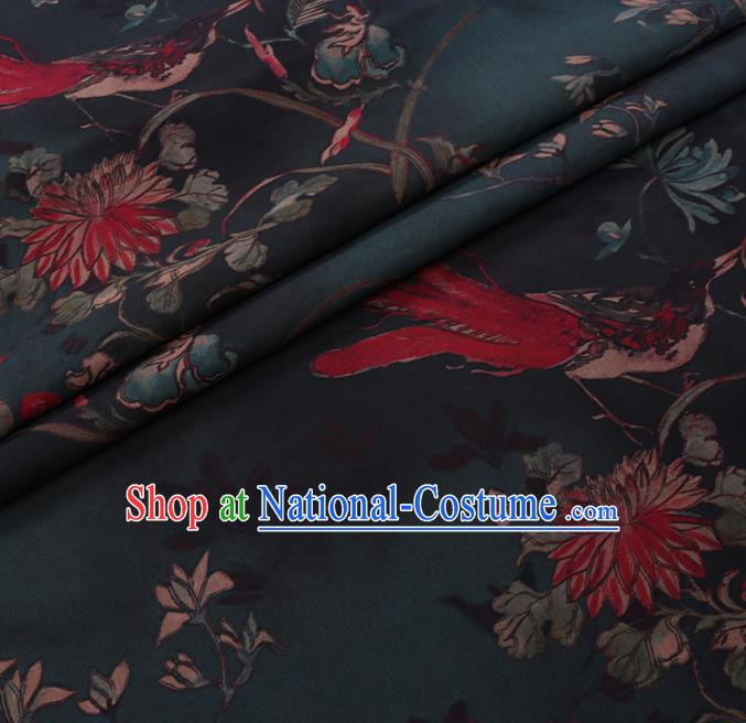 Chinese Classical Printing Chrysanthemum Peony Pattern Design Atrovirens Gambiered Guangdong Gauze Fabric Asian Traditional Cheongsam Silk Material