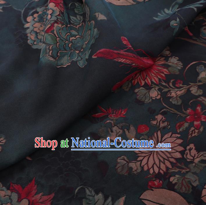 Chinese Classical Printing Chrysanthemum Peony Pattern Design Atrovirens Gambiered Guangdong Gauze Fabric Asian Traditional Cheongsam Silk Material