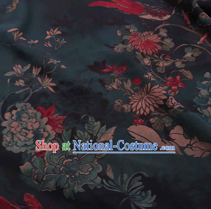 Chinese Classical Printing Chrysanthemum Peony Pattern Design Atrovirens Gambiered Guangdong Gauze Fabric Asian Traditional Cheongsam Silk Material