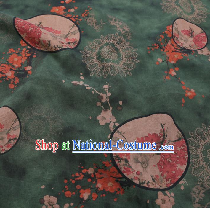 Chinese Classical Printing Plum Magnolia Pattern Design Atrovirens Gambiered Guangdong Gauze Fabric Asian Traditional Cheongsam Silk Material