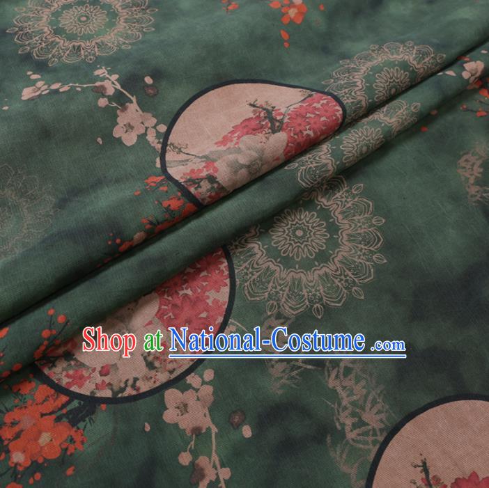 Chinese Classical Printing Plum Magnolia Pattern Design Atrovirens Gambiered Guangdong Gauze Fabric Asian Traditional Cheongsam Silk Material