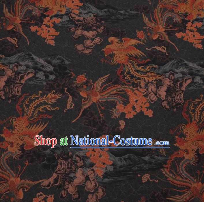 Chinese Classical Printing Phoenix Plum Pattern Design Black Gambiered Guangdong Gauze Fabric Asian Traditional Cheongsam Silk Material