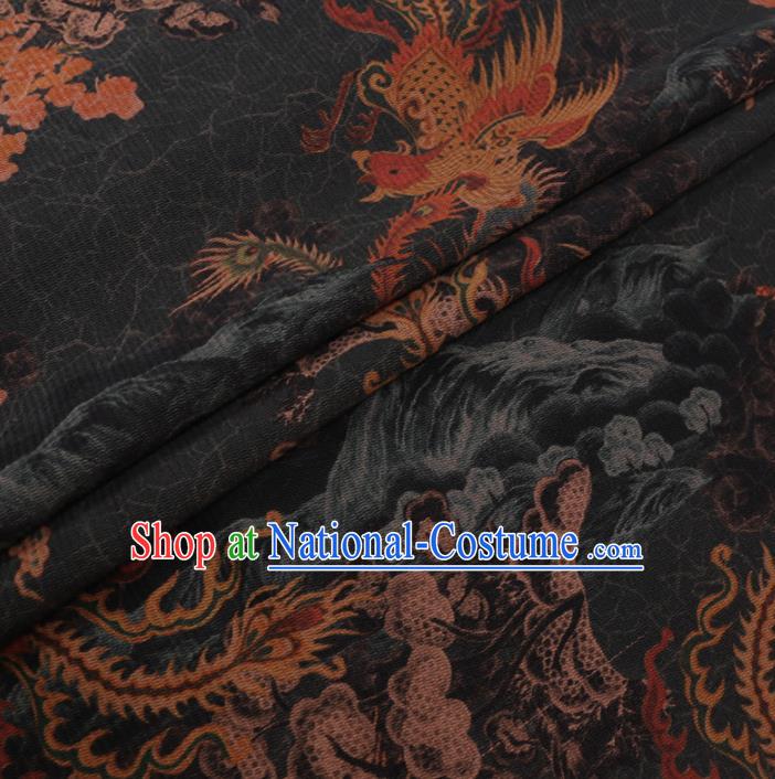 Chinese Classical Printing Phoenix Plum Pattern Design Black Gambiered Guangdong Gauze Fabric Asian Traditional Cheongsam Silk Material