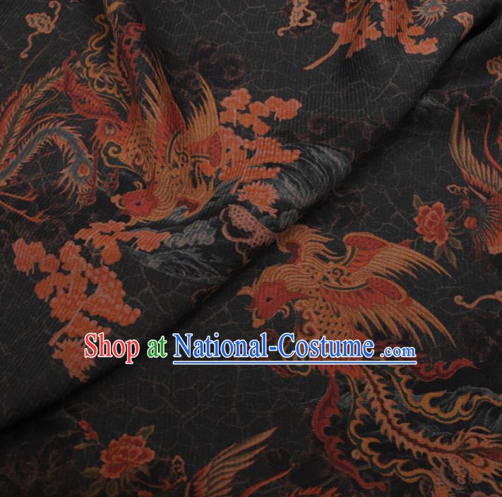 Chinese Classical Printing Phoenix Plum Pattern Design Black Gambiered Guangdong Gauze Fabric Asian Traditional Cheongsam Silk Material