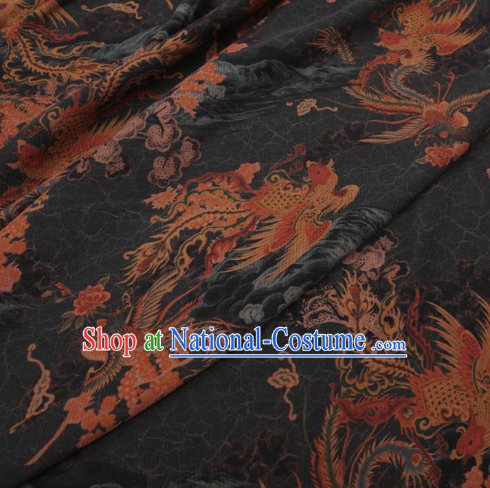 Chinese Classical Printing Phoenix Plum Pattern Design Black Gambiered Guangdong Gauze Fabric Asian Traditional Cheongsam Silk Material