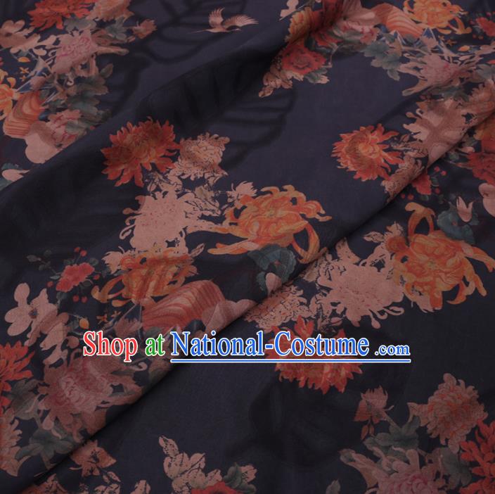 Chinese Classical Printing Chrysanthemum Peony Pattern Design Navy Gambiered Guangdong Gauze Fabric Asian Traditional Cheongsam Silk Material