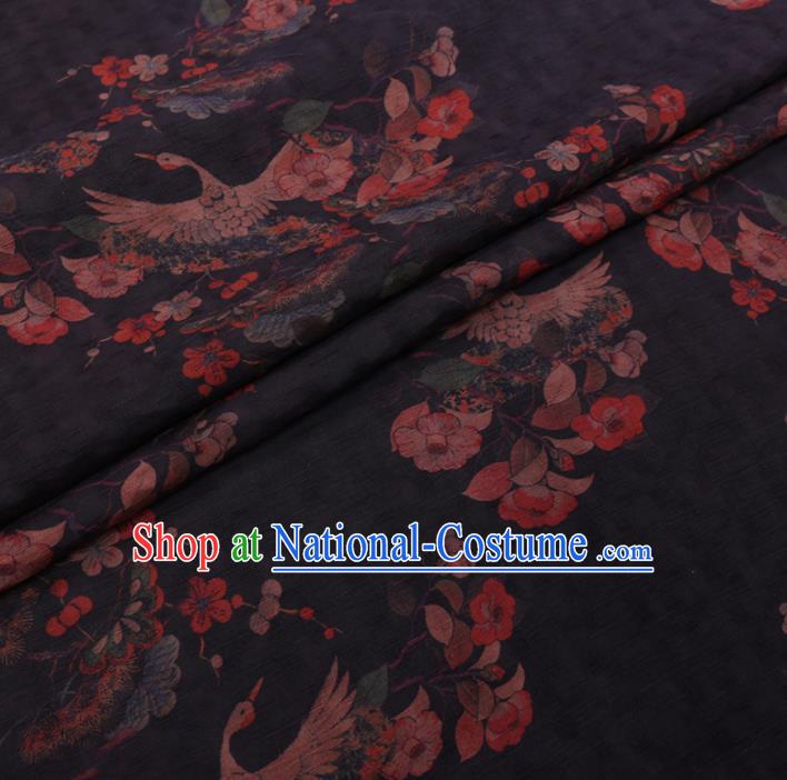 Chinese Classical Printing Crane Peony Pattern Design Black Gambiered Guangdong Gauze Fabric Asian Traditional Cheongsam Silk Material