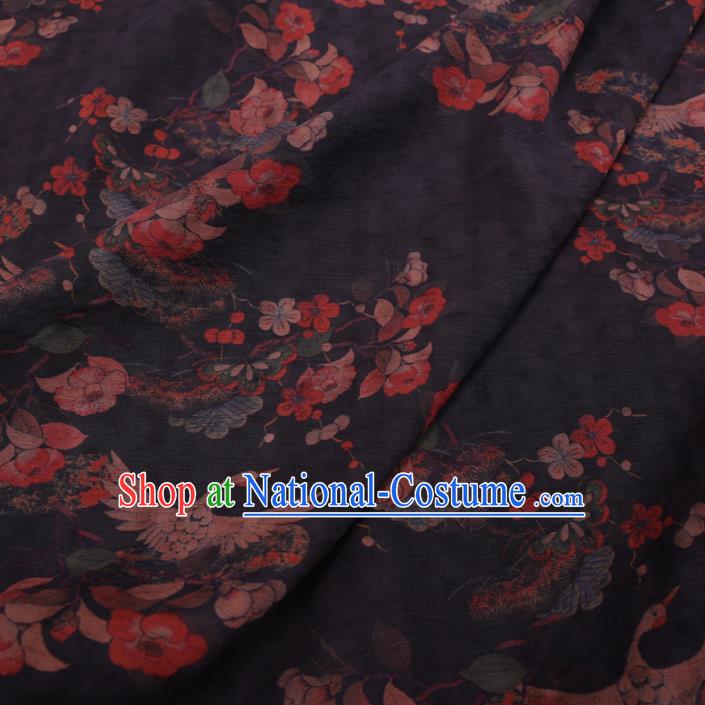 Chinese Classical Printing Crane Peony Pattern Design Black Gambiered Guangdong Gauze Fabric Asian Traditional Cheongsam Silk Material